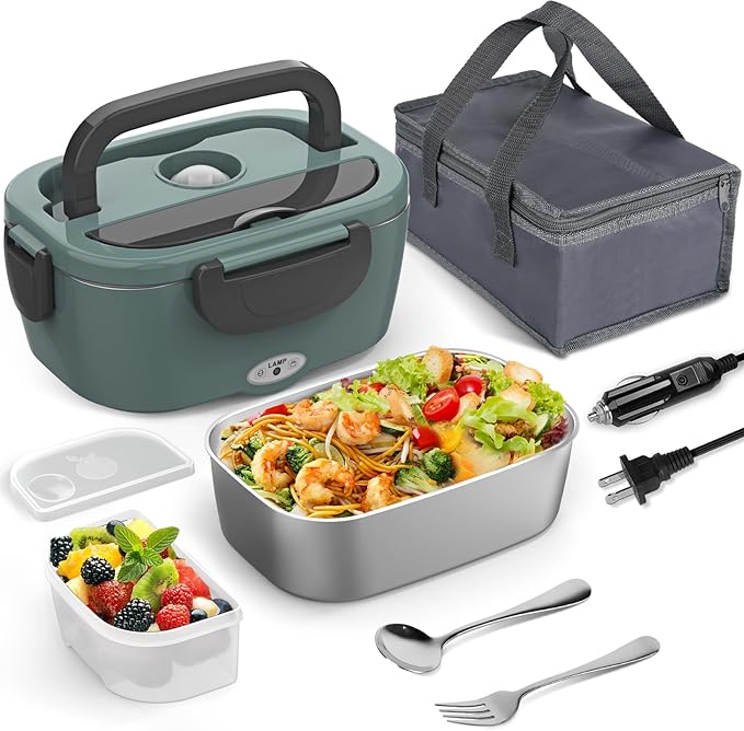 WisaKey Green Electric Lunch Box Food Heater 80W Heated LunchBox for Adults, 12V 24V 110V 220V Lunch Warmer Portable for Work Car Truck Jobsite Work with 304 Stainless Steel Container Christmas Gift