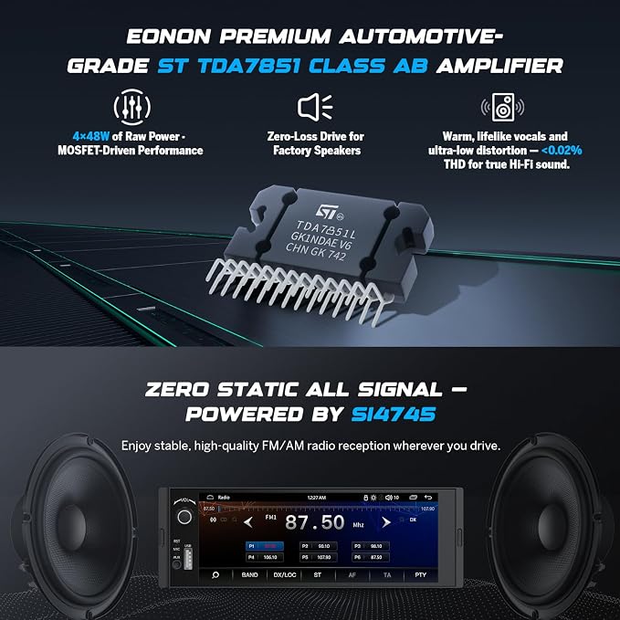 Eonon 6.36" Single DIN Car Stereo – Wireless CarPlay & Android Auto, IPS Touchscreen (1280x480), ST TDA7851 Amp, Backup Camera, Steering Control,Bluetooth 5.3-X3U