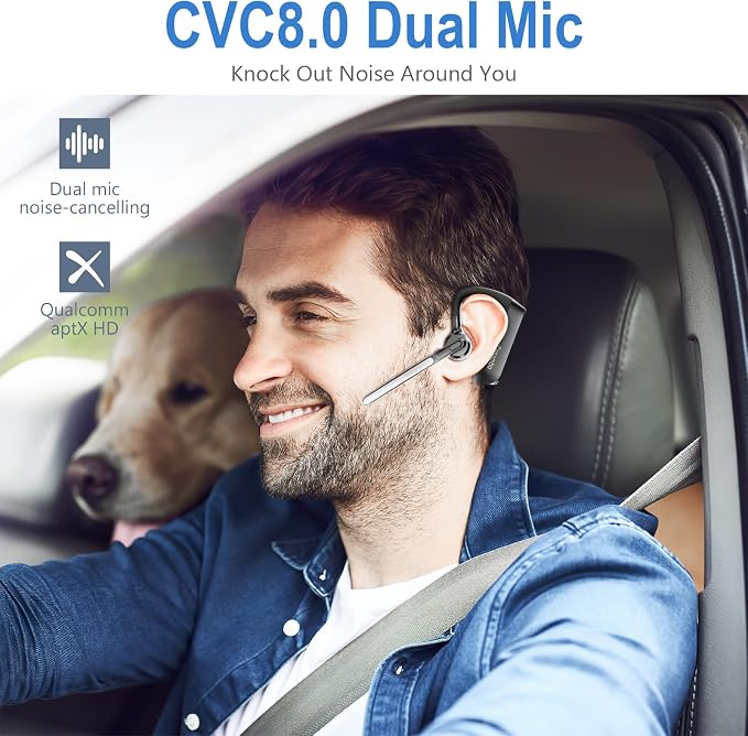 Conambo Bluetooth Headset 5.2 with CVC8.0 Dual Mic Noise Cancelling Bluetooth Earpiece 16Hrs Talktime Wireless Headset for Truck Driver iPhone Android Cell Phones