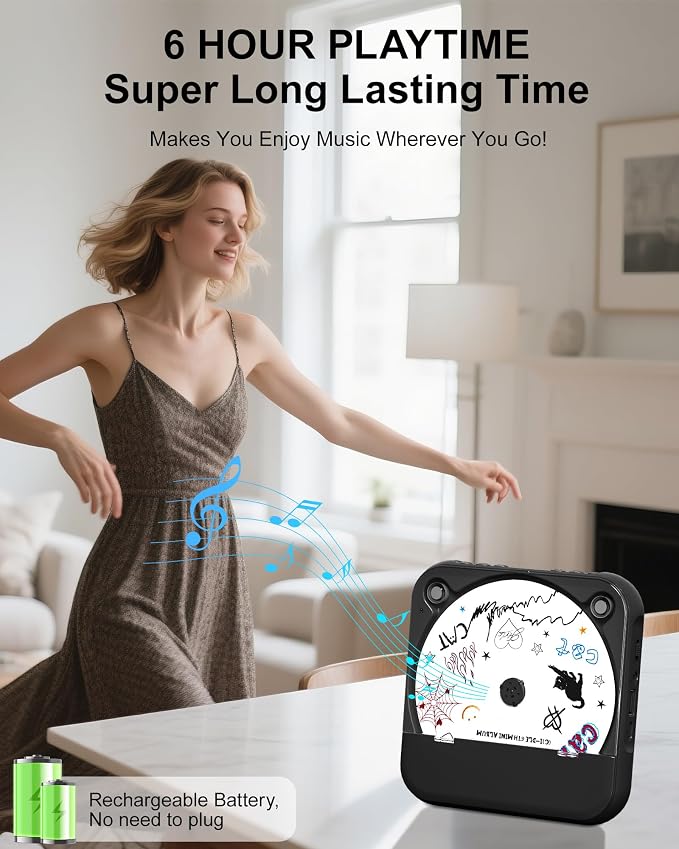 ENVYCLOUD CD Player Portable with Dual Stereo Speakers, Rechargeable Portable Player with Bluetooth for Home with Headphones, Support CD/AUX/USB,Black