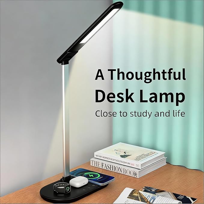 3-in-1 Wireless Charging Desk Lamp,15W Qi Fast Charger for Phone/Watch/Earbuds,Adjustable LED Light with 3 Colors & Stepless Dimming,Flexible Gooseneck,Touch Panel,HYT2096 Black.
