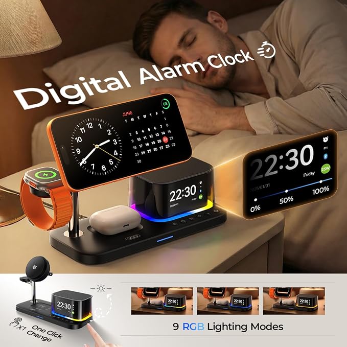 QI2.2 Charging Station for Apple Device【 25W Fast Charging+Cooling Fan】 5in1 Magnetic Wireless Charger with Speaker and Alarm Compatible with iPhone/Watch/AirPod (45W Adapters Included) Black