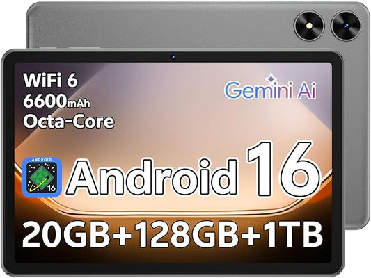 Android 16 Tablet 10.1 inch Tablet with Octa-Core Processor, 20GB RAM 128GB ROM 1 TB Expandable, 1280x800 HD IPS Touch Screen, GPS, 8H Battery, WiFi 6, BT 5.2, Dual Camera (Gray)