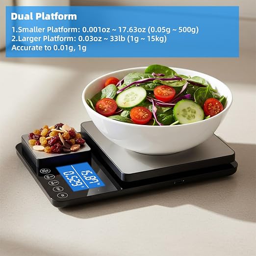 0.001oz/33lb Dual Platform Kitchen Scale, Diyife 9.4in Stainless Steel Food Scale with Two Precisions, Accumulation Functions, 7 Units, Tare, for Baking, Cooking, Pre-Meal Preparation