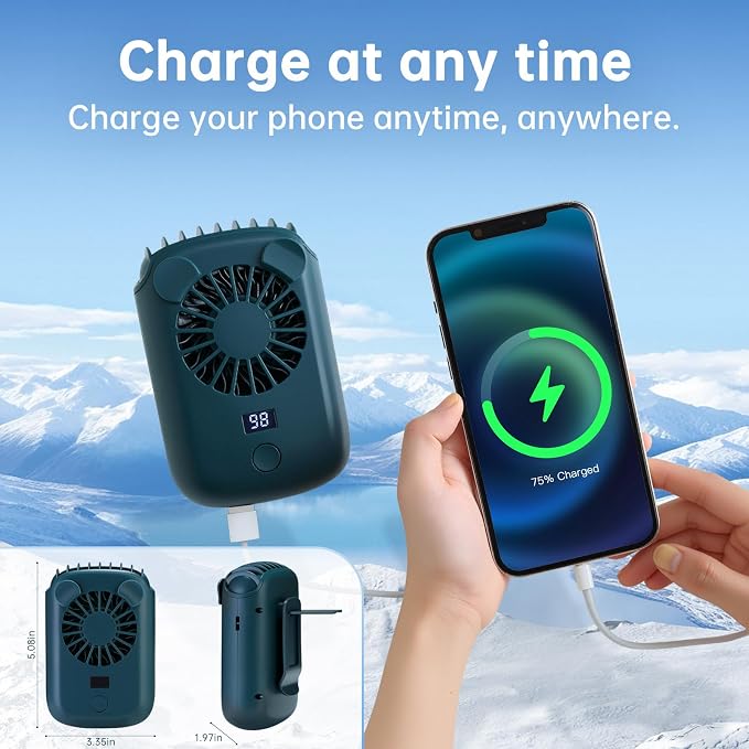 2025 AI portable neck hanging fan can charge mobile phones, 4-speed, powerful turbo airflow, with lighting, personal chest fan can work for up to 50 hours, hands-free neck wearable and portable