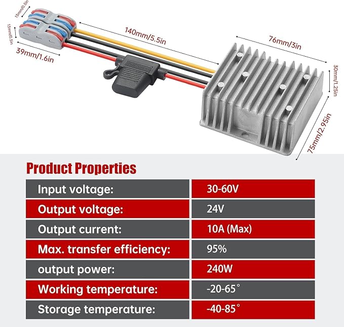 30-60V to 24V 10A 240W Waterproof DC-DC Buck Converter with Fuse | Step Down Regulator For Automotive, Led Lights, Construction Sites, Tools