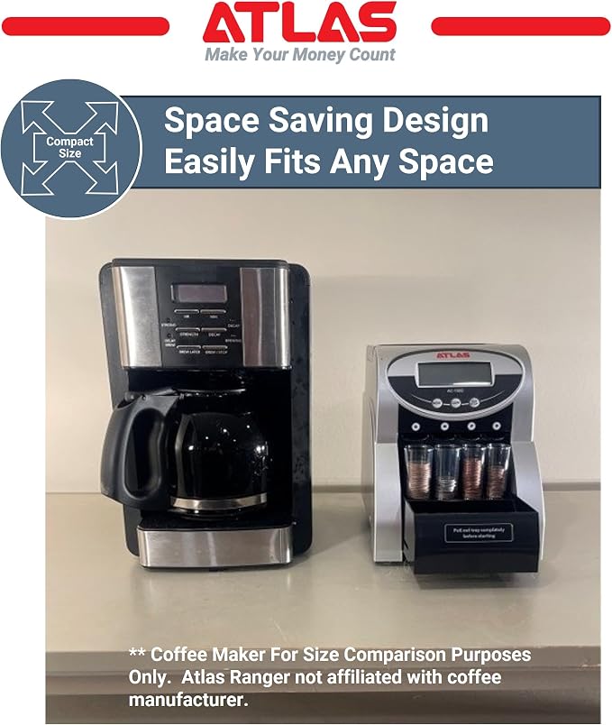 ATLAS Automatic Coin Counter and Coin Sorter with Digital Display (AC-150D) - 5 Coin Counting Modes: Total, Pennies, Nickels, Dimes, Quarters. Auto-Stop When Coin Roller is Full. | Quickly counts and sorts 3 rolls of coins per minute