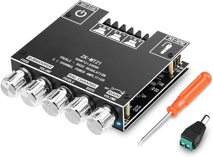 Daakro ZK-MT21 Bluetooth Amplifier Board,50W+50W+100W 2.1 Channel Subwoofer Amp Board with Treble/Bass/Sub Control,DC 9-24V, Bluetooth and AUX Inputs, DIY Wireless Speakers AMP Board, Password Free