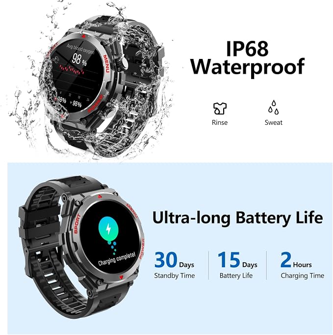 Military Smart Watch,1.52-Inch Smartwatch with Text and Call,24/7Heart Rate Sleep Monitor,Blood Oxygen,and Activity Trackers-Compatible with iPhone and Android,for Men and Women (Black up, 1.52)