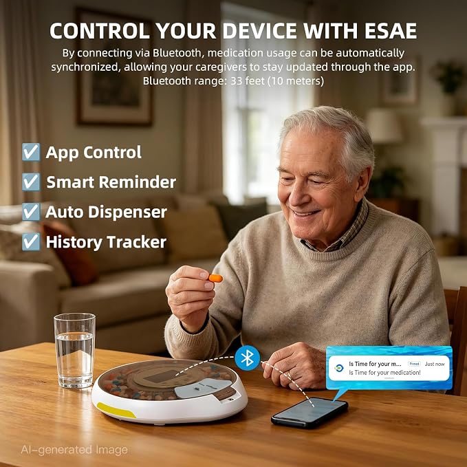 Smart Pill Organizer, 28-Day Bluetooth Automatic Pill Dispenser with APP Control for Seniors, Caregivers Care - Tracks Adherence History, Up to 9 Daily Doses, Sound Light Reminders