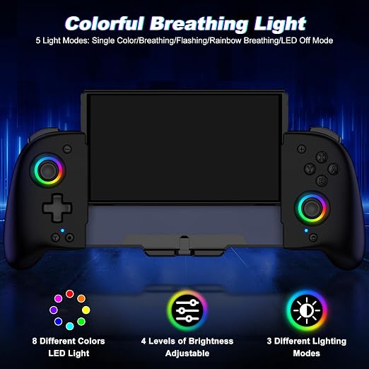 Gammeefy Switch Controller – Hall Effect Joysticks & Enhanced Grip – One Piece Switch Joypad Replacement Switch Pro Controller with 8-Color RGB Lighting, Turbo, Macros - Black, 6.2"/7"