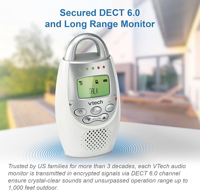 VTech Communications DM221 Audio Baby Monitor with up to 1,000 ft of Range, Vibrating Sound-Alert, Talk Back Intercom & Night Light Loop, White/Silver