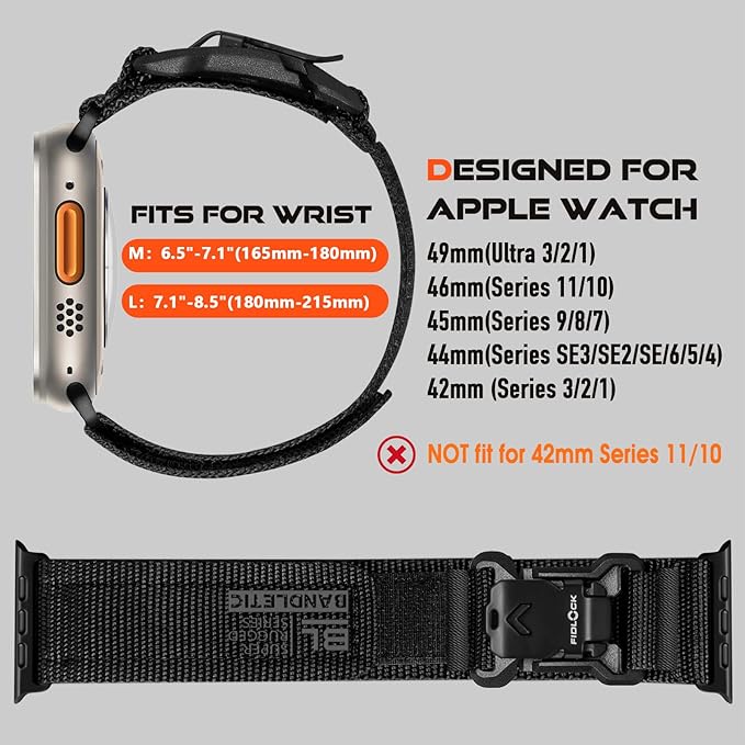 Bandletic Compatible with Apple Watch Ultra Band - for Men, Wide Nylon Sport Loop with Magnetic Fidlock V-Buckle for iWatch 49mm(Ultra 3/2/1),46mm(11/10),45mm(9/8/7),44mm(SE3/SE2/SE/6/5/4),42mm(3/2/1)