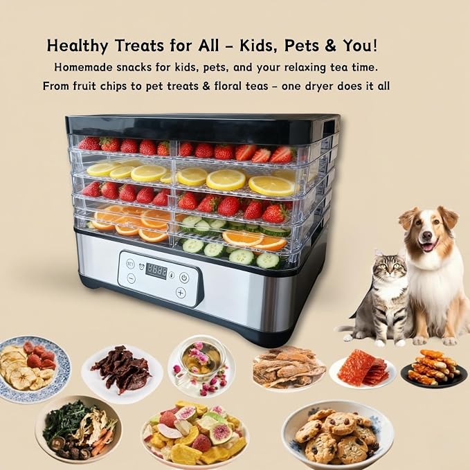 Food Dehydrator Machine-Dehydrators for Jerky Beef Fruit, 300W 158 ℉ Temperature Control & 24H Timer Food Dryer with 5 BPA-Free Trays Fruit Dryer for Herb, Fruit, Dog Treats (Black)