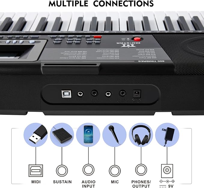 MUSTAR Piano Keyboard, MEKS-500 61 Key Learning Keyboard Piano with Lighted Up Keys, Electric Piano Keyboard for Beginners, Stand, Pedal, Headphones/Microphone, USB Midi, Joystick, Built-in Speakers