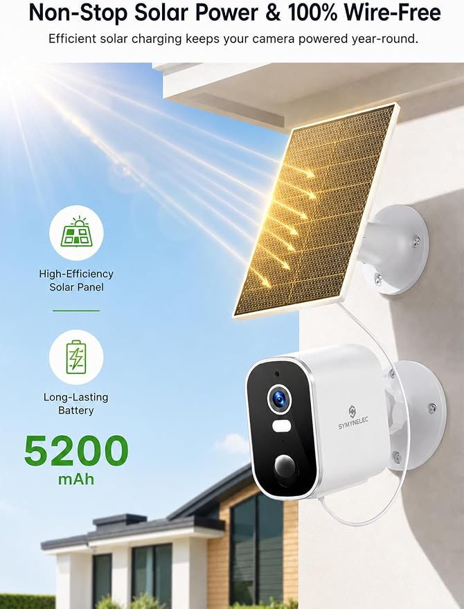 SYMYNELEC 2K Solar Security Cameras Wireless Outdoor, 4-Pack | No Monthly Fee, 100% Wire-Free, Color Night Vision, PIR Person Detection, IP65 Waterproof, Compatible with Alexa, 2.4GHz WiFi