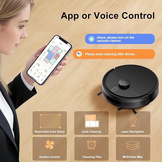 Robot Vacuum and Mop Combo, Robotic Vacuums with LiDAR Navigation, Smart Mapping, Strong Suction, with WiFi/App/Alexa/Voice Control, Obstacle Avoidance, for Home, Wood/Hard Floors, Pet Hair