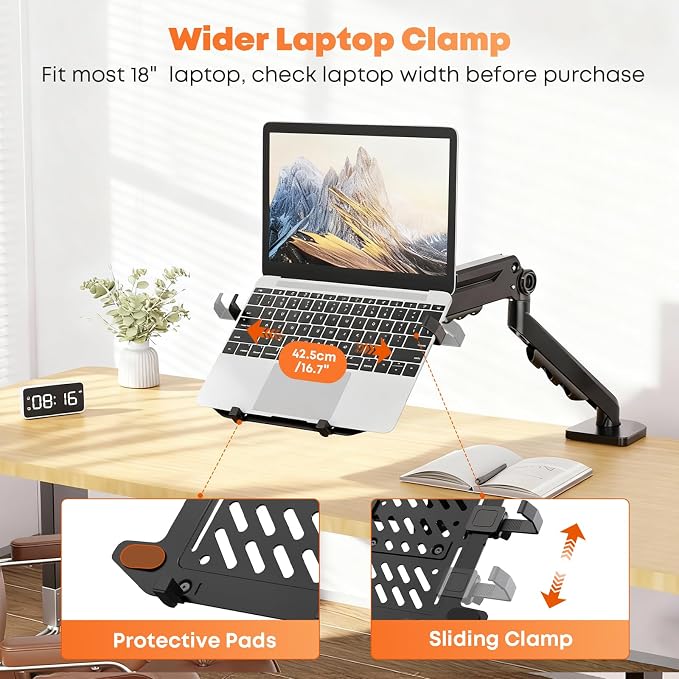 PUTORSEN Laptop Arm Mount Desk - Fits Max 18" Notebook and 40" Computer Screen, 2-in-1 Monitor Mount with Adjustable Laptop Tray, Hold Up to 26.5lbs