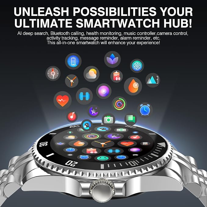 SOUYIE GPT AI Luxury Smart Watch, 24/7 Heart Rate, Blood Oxygen, Blood Pressure, Sleep Monitor, Waterproof Smartwatch, 1.19-inch AMOLED 44mm, 107 Sports Modes, Compatible Android and iOS Silver Black