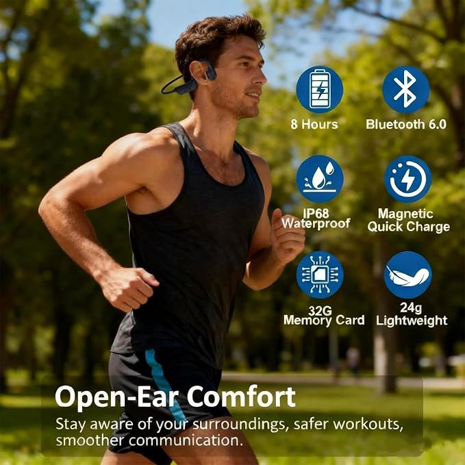 Swimming Headphones, IP68 Waterproof Bone Conduction Headphones, Bluetooth 6.0&MP3 with32GB Memory Card, Skin Open Ear Swim Earbuds with Adjustable Headband for Swim Cap/Hat, Magnetic Charging(Black)