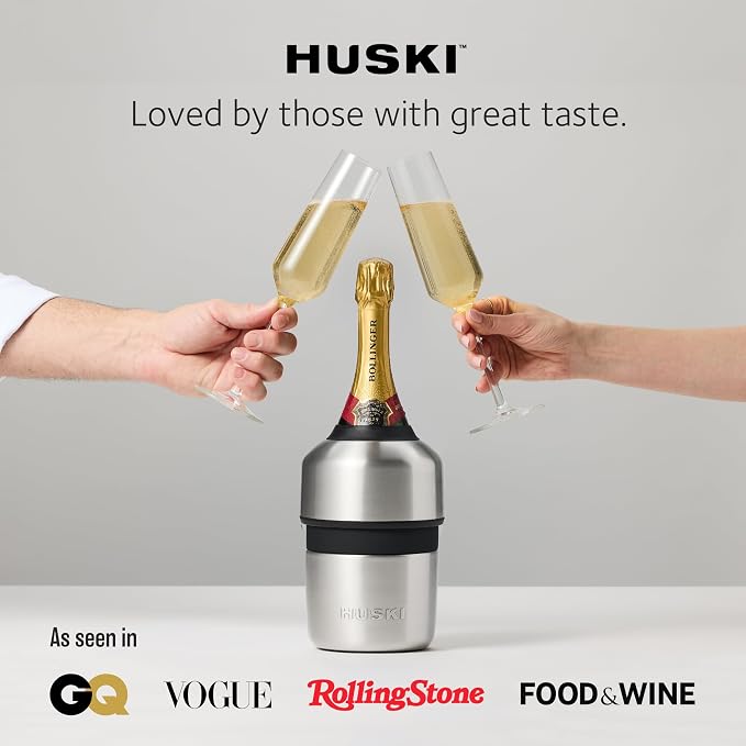 Huski Champagne Chiller | NEW | Award-Winning Iceless Design with Detachable Bottle Stopper | Keeps Wine Cold up to 6 Hours | Fits most 750ml Champagne, Prosecco & Sparkling Wine Bottles (Stainless)