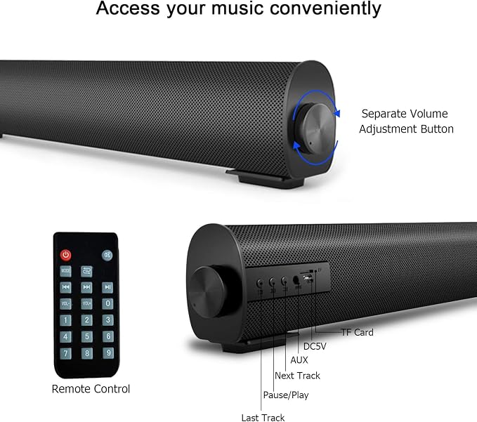 Portable Soundbar for TV/PC, Outdoor/Indoor Wired & Wireless Bluetooth 5.0 Speaker with Remote Control and Coax Cable, 2X5W Mini Home Theater Sound bar with Built-in Subwoofers for Projector (Updated)