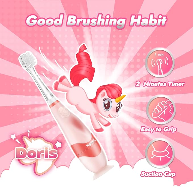 Papablic Toddler Sonic Electric Toothbrush with Covers for Babies and Toddlers Ages 1-3 Years, Debby Bundle with Doris