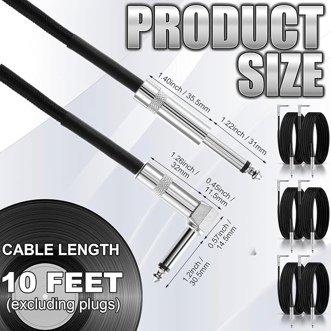 6 Pack 10ft Black Guitar Cables, Quality Instrument Cords for Guitar, Bass, Keyboard – Copper & PE Material, Flexible and Reliable for Performance