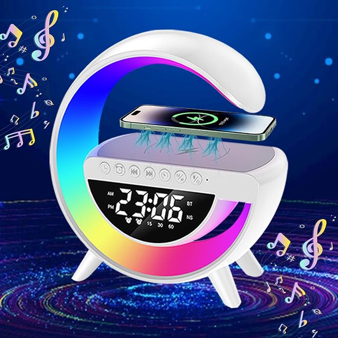 15w Wireless Charging Ambient Light Bluetooth Speaker Alarm Clock Multifunctional G-Type Colorful Bedroom Light Desktop Creative Ornament