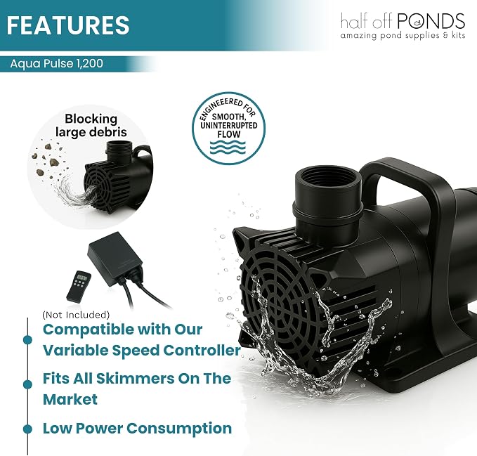 Aqua Pulse Submersible Pond Pump, 1,200 GPH, 33 ft Cord | 17 ft max head, 144W energy efficient, Ultra quiet, For koi ponds, Waterfalls, Fountains