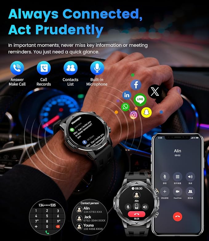 FITFLEX Military Smart Watch with Answer/Make Call （3 Silicone Strap）, 1.53“ HD Smart Watches for Men with 1000 mAh Battery/LED Torch/20+Sports/Waterproof IP68, Fitness Tracker iOS Android(Black)