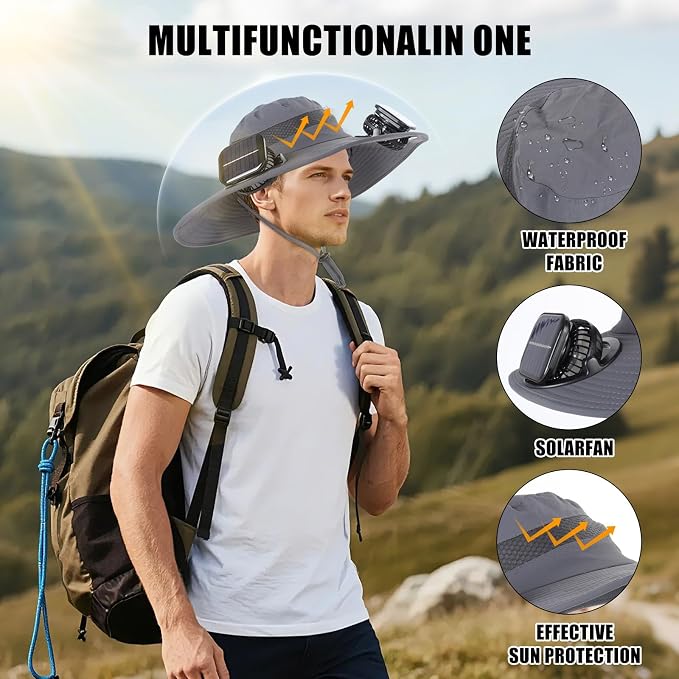 Solar Powered Fan Sun Hat for Men, UPF 50+ Wide Brim Cooling Bucket Hat, Sombrero para El Sol Hombre for Fishing Hiking Beach