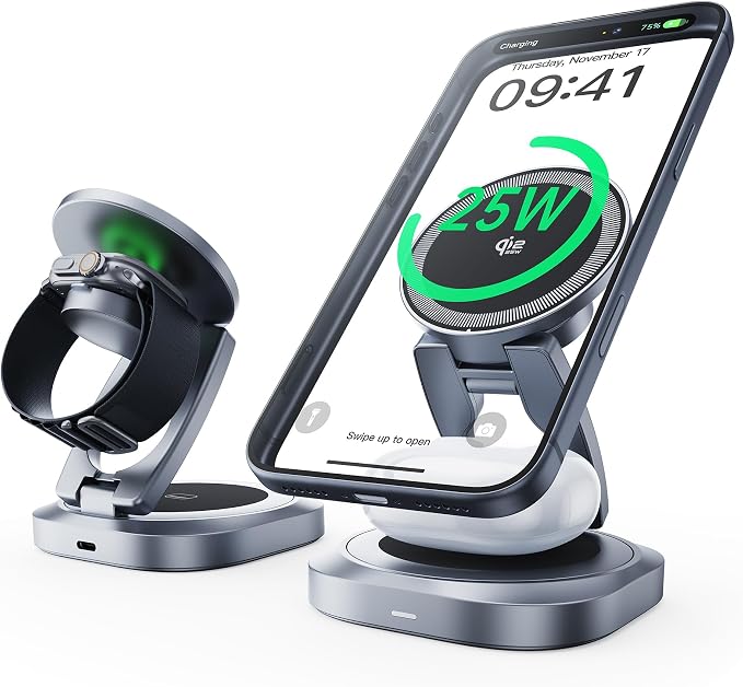 3-in-1 Foldable Qi2.2 25W Magnetic Wireless Charger Stand for iPhone Grey | 360° Rotatable Charging Station for Airpods & Apple Phone Watch Earbuds for Travel Desk Home (No Adapter)