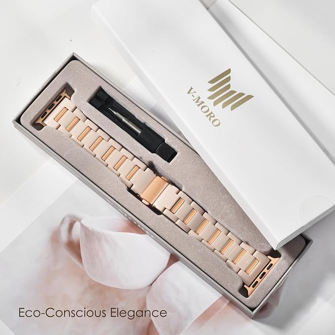 V-MORO Resin Metal Band Compatible with Apple Watch 42/44/45/46/49mm,Fashion Lightweight Bracelet with Polished Rose Gold Stainless Steel Inlay for iWatch Series 11/10/9/8/7/6/5/4/3/2/1/SE,Oatmeal
