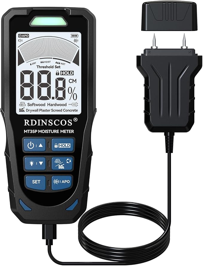 Pinless & Pin-Type Moisture Meter for Wood, Drywall & Concrete | Digital Moisture Tester, Audible Alarm, HOLD Function, Ideal for Firewood, Lumber, Home Inspections