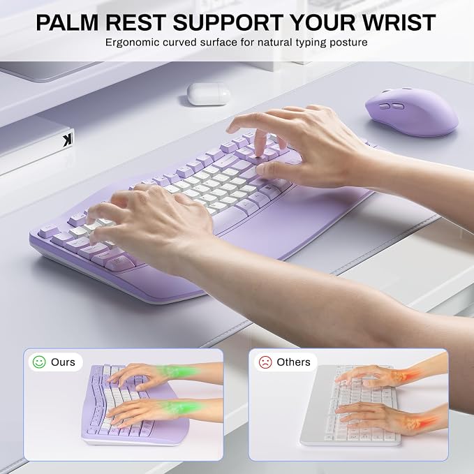 Wireless Keyboard and Mouse Combo,2.4G Full Size Wave Keys Ergonomic Keyboard with Wrist Rest for Natural Typing, 3 DPI Adjustable Ergonomic Mouse for Computer/Laptop/Windows/Mac (Purple & White-B)