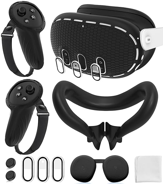 Silicone Cover Set Compatible with Meta/Oculus Quest 3 Accessories, Controller Grips, VR Shell Cover, Facial Interface Cover, Protective Lens Cover, Tempered Glass Lens Caps, Not Fit Quest 3S