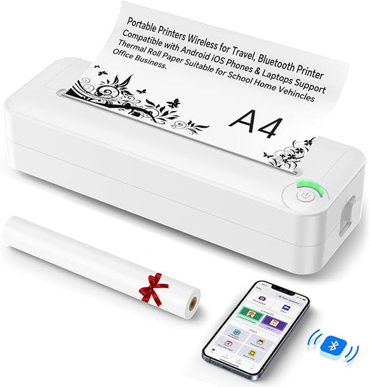 Relassy Portable Wireless Thermal Printer, Inkless A4 Printer for Travel, Home & Office, Compatible with Android, iOS, Laptops, 300DPI Compact Bluetooth Printer with Rechargeable Battery