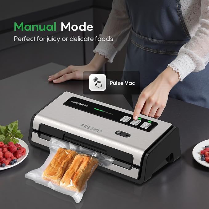 FRESKO Food Vacuum Sealer with Automatic Bag Detection, 0.2-inch Widened Heating Strip, Built-in Bag Roll Storage & Cutter, 1 Roll Bag, Starter Kit