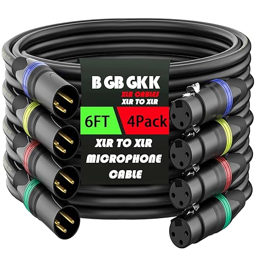 XLR Cables 6ft 4 Pack, Professional XLR Microphone Cable Male to Female, Gold-Plated 3-pin X LR Speaker Cables Balanced Mic Cord, Multicolor