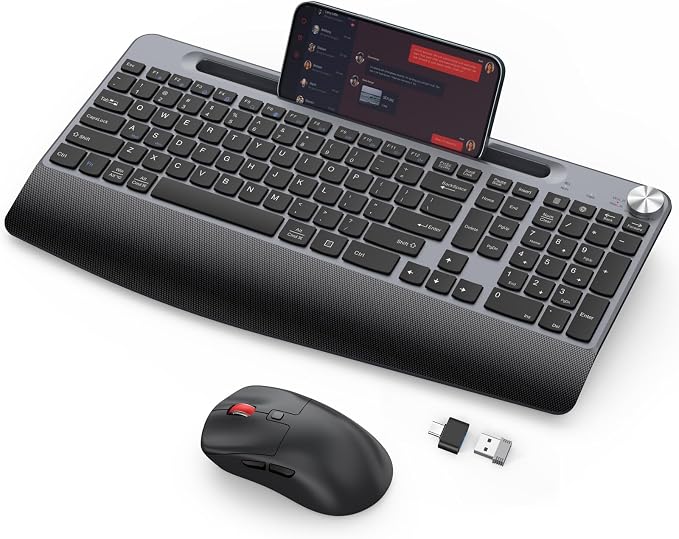 GAMCATZ Ergonomic Wireless Keyboard and Mouse with Wrist Rest，Phone Holder - 2.4GHz Full-Sized Low-Profile Quiet Gold Wireless Mouse and Keyboard Combo for Computer, Laptop, PC, Mac-Gold