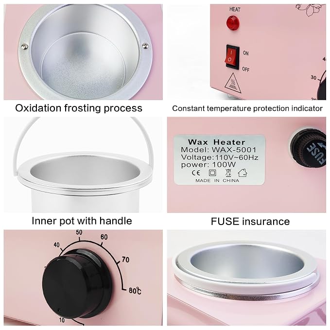 Portable Pink Wax Warmer with Adjustable Temperature and Wax Sticks for Painless Hair Removal for Women and Men