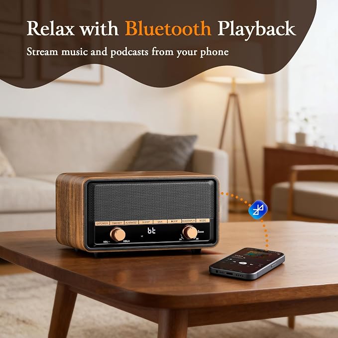 Vintage Wooden AM FM Radio with Bluetooth, Digital Clock Radio for Bedroom with 80 Station Presets, Tap to Snooze, Sleep Timer, Clear LCD Display for Home Office (Deep Walnut)