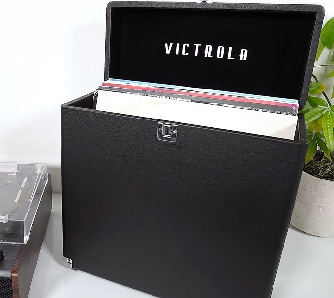Victrola Collector – Record Storage Case – Holds 30+ Vinyl Turntable Records, Heavy-Duty Hardware, Hinges, & Smart Metal Corners, Portable with Easy-Carry Handle (Black)
