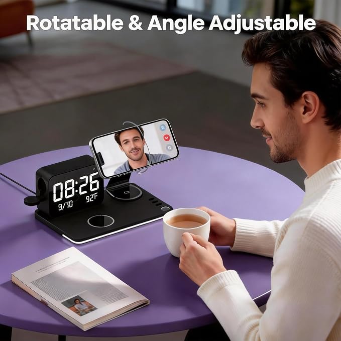 25W Magnetic Wireless Charging Station with Bluetooth Clock, 7-in-1 Rotatable Stand with Dimmable LED Lamp, 65W Adapter, Charger for iPhone 17/16/15 Apple Watch AirPods Bedside Nightstand Desk