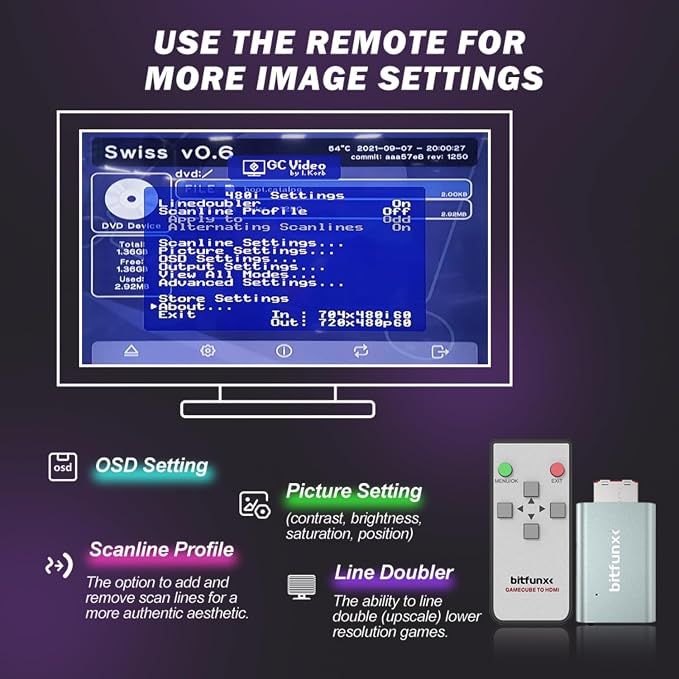 BITFUNX NGC HDMI™ Adapter - Supports 2X Line Doubler, Firmware Upgrade, Scanline Profile, IR Remote and GC2SD Gen2 SD Card Adapter Include, Plug & Play Video Game Adapter with No Lag
