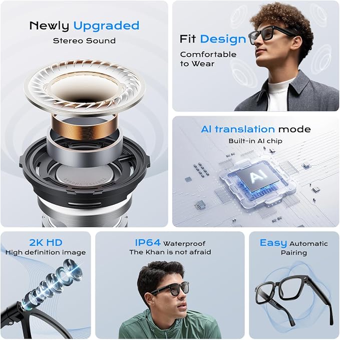 XO AI Smart Glasses,HD 1080P Camera Glasses with Video Recording & Photo Taking, Language Real-Time Translation Glasses and Color-Change Lens Perfect for Travel, Business