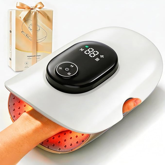 Hand Massager with Heat and Compression, Finger Stretch&Knuckle Stretching, 4 Massage & 5 Compression & 3 Temperatures Modes, Gifts for Women Men (White)