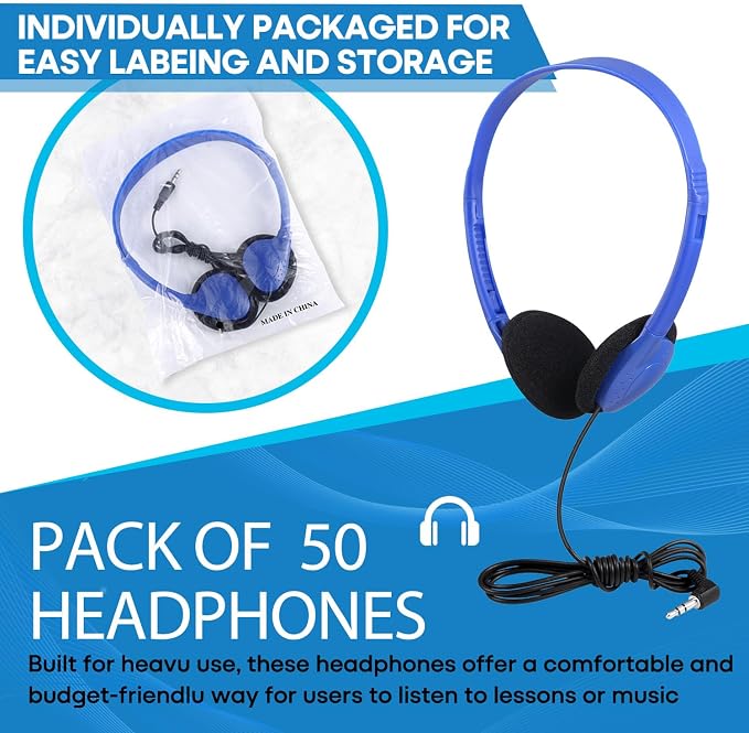 Classroom Headphones Bulk 50 Pack Class Set for School Students Kids and Adult -Sturdy Wired 3.5mm Plug (Blue, 50 Pack)