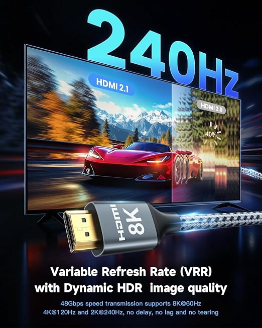 ARISKEEN 8K HDMI Cable 8 FT, 48Gbps High Speed HDMI 2.1 Cable, 8K 60Hz, 4K 120Hz 144Hz Braided HDMI Cord - 8 Feet